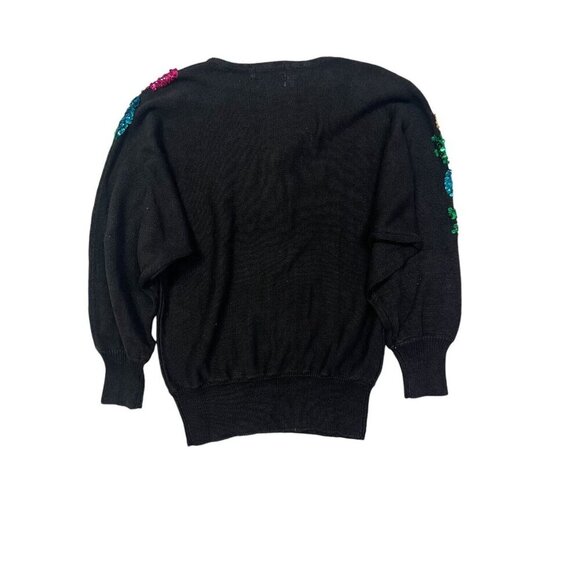 Vtg Sequin Sweater Womens Large Black Ramie Floral Evening Grandma Event Glam - Picture 6 of 8